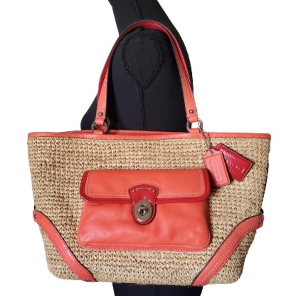 Coach Straw and‎ Leather Tote Bag. - Picture 1 of 16